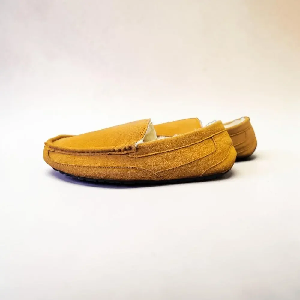 Cuiapl Mens Moccasin Slippers Tan Brown Suede Warm Fur Lined House Loafers Size